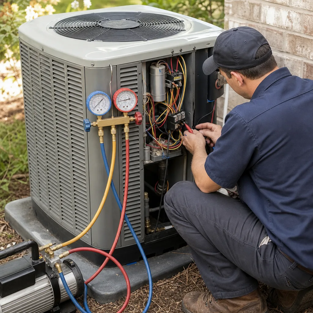 HVAC technician performing professional air conditioning system maintenance on a rooftop unit