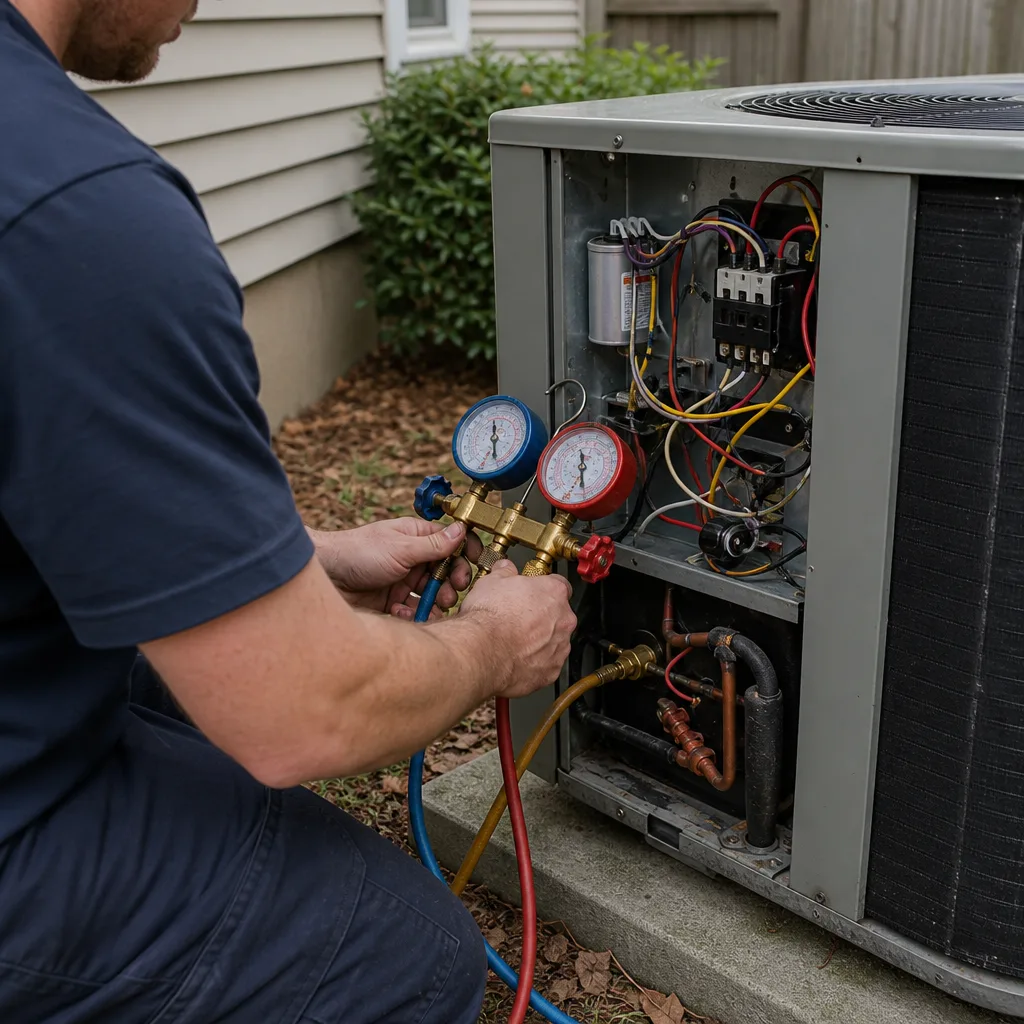 Two HVAC technicians installing an outdoor air conditioning unit