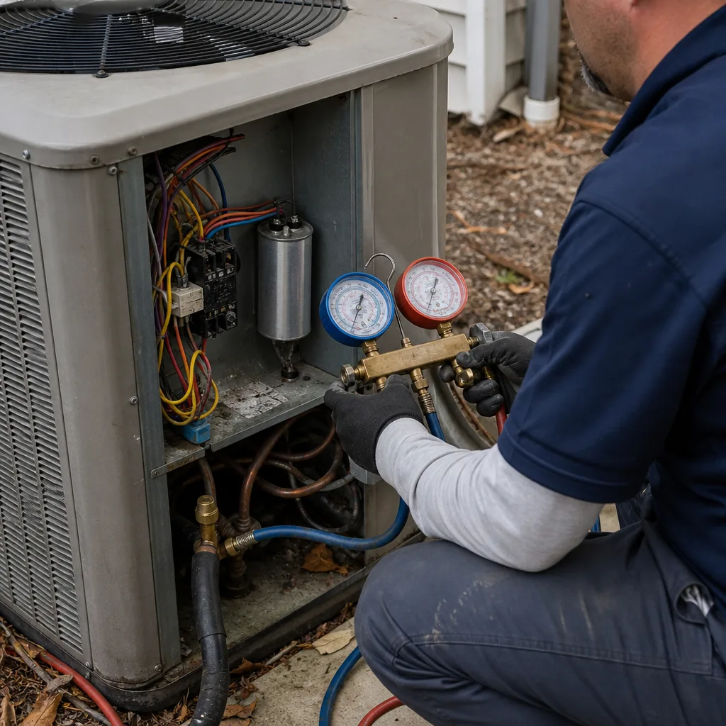 Two HVAC technicians installing an outdoor air conditioning unit
