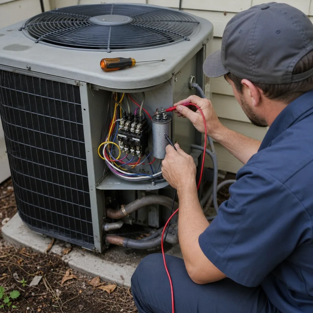 HVAC technician performing professional air conditioning repair and maintenance service.