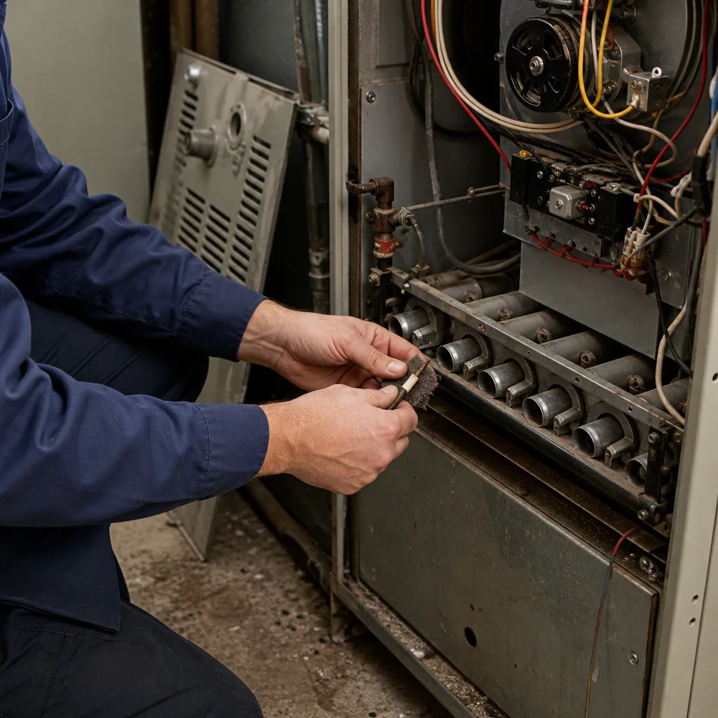 HVAC technician performing professional furnace repair and pipe installation